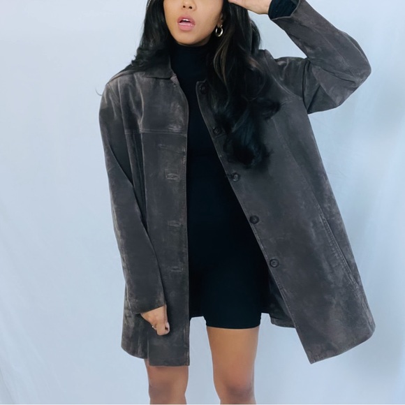 Vintage | Brown 100% Suede Leather Oversized 90s Coat with Button closure - Picture 2 of 7